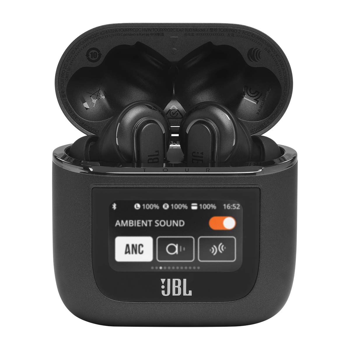 JBL Tour Pro 2 True Wireless Noise Cancelling Earbuds - black case front view with lid opened and both earbuds in case