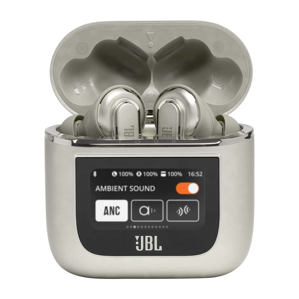 JBL Tour Pro 2 True Wireless Noise Cancelling Earbuds - champagne with lid open and both earbuds in case