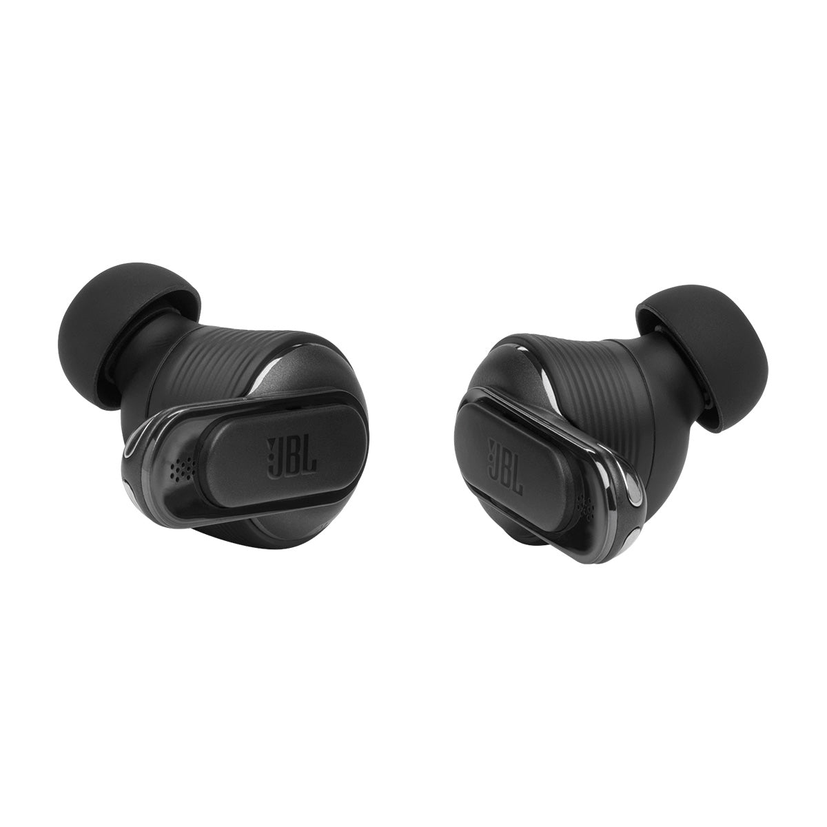 JBL Tour Pro 2 True Wireless Noise Cancelling Earbuds - black both earbuds with stem facing front