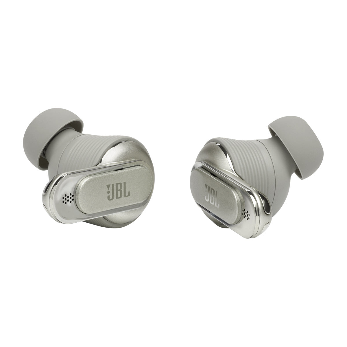 JBL Tour Pro 2 True Wireless Noise Cancelling Earbuds - champagne both earbuds stem facing front