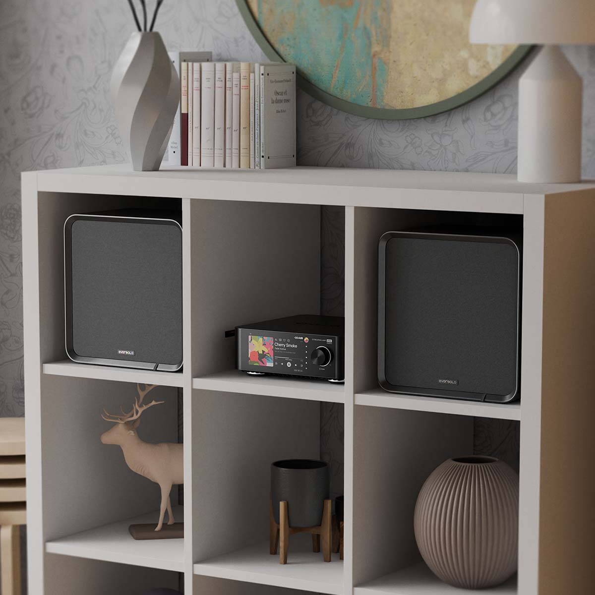 EverSolo SE100 Passive HiFi Bookshelf Speakers - Pair - lifestyle photo of speakers in shelving unit
