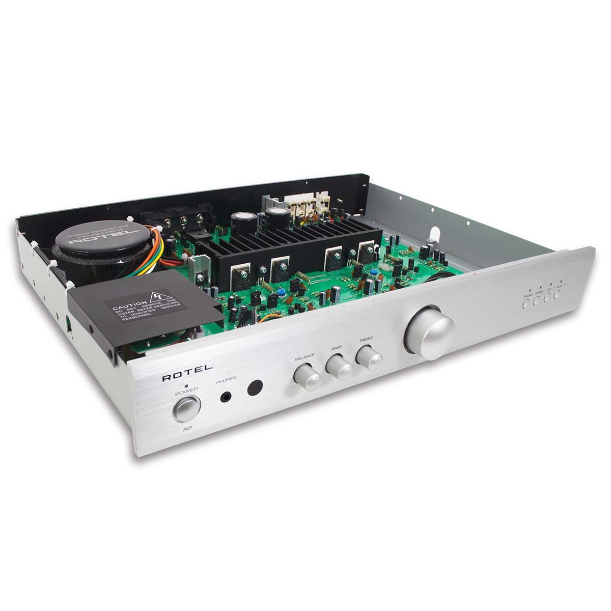 Rotel A8 Integrated Amplifier - silver - front view angled right with top removed displaying internal components