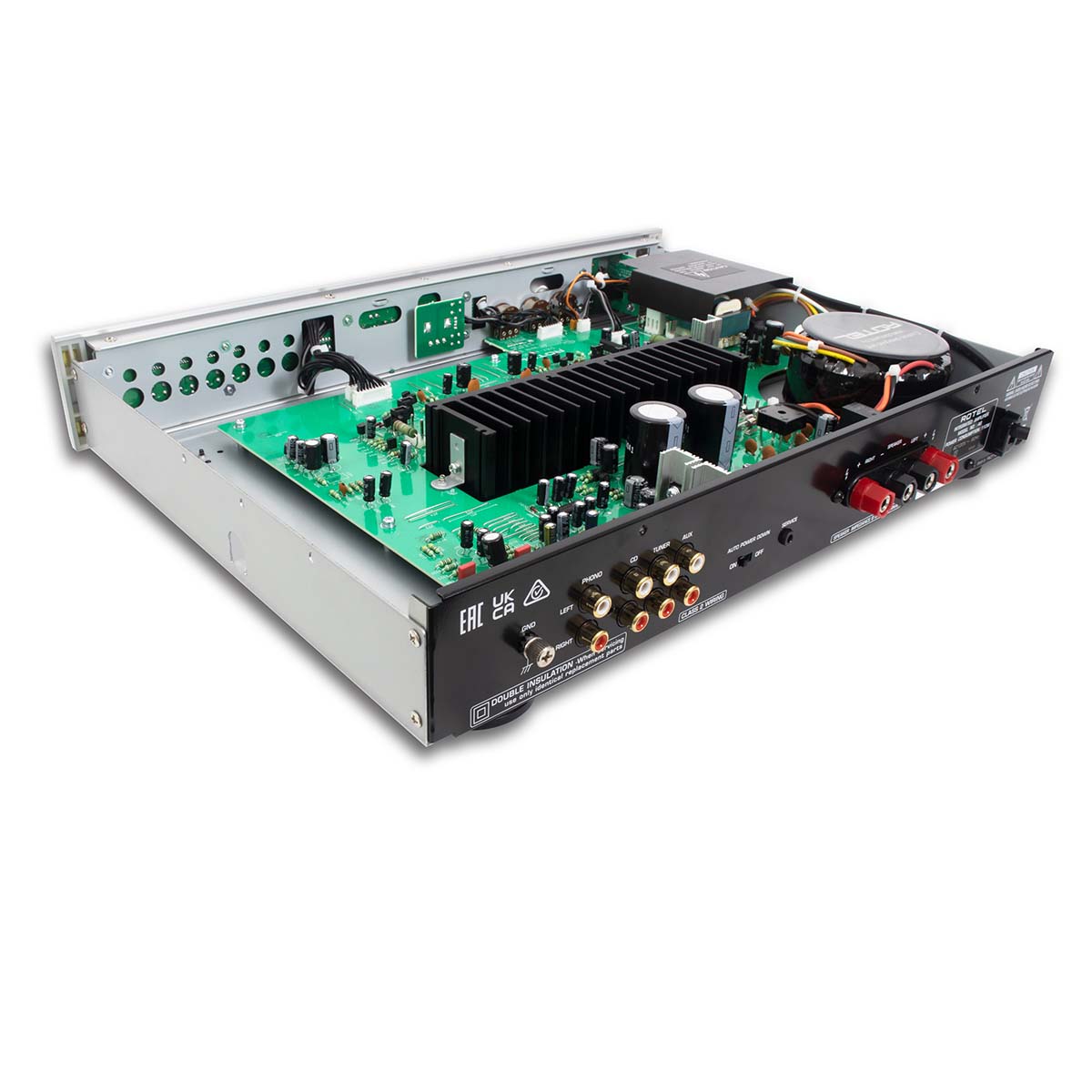 Rotel A8 Integrated Amplifier - silver - rear view angled right with top removed displaying internal components