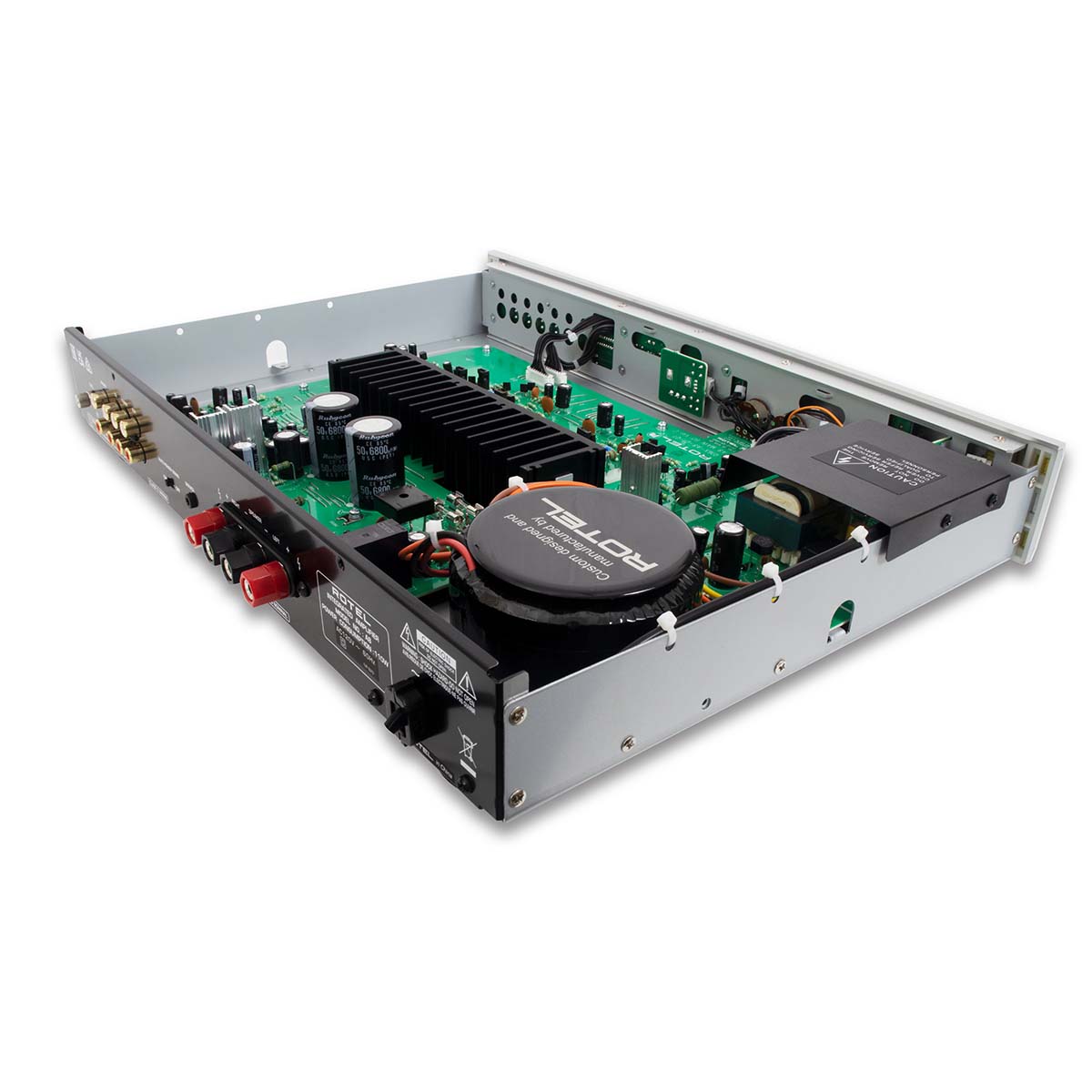 Rotel A8 Integrated Amplifier - silver - rear view angled left with top removed displaying internal components