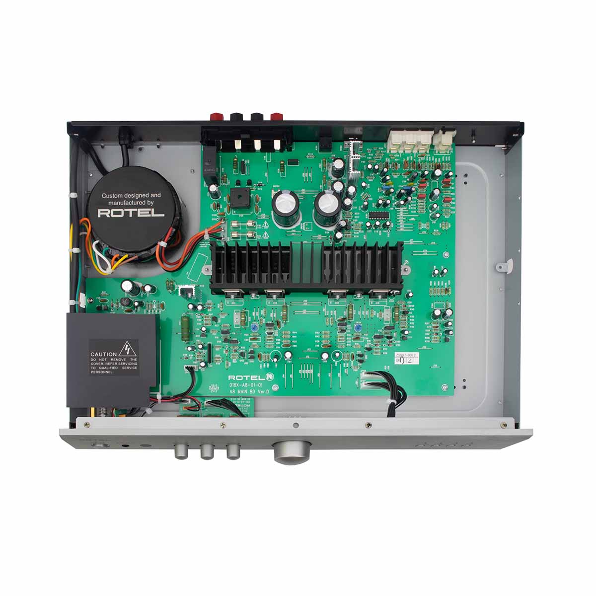 Rotel A8 Integrated Amplifier - silver - overhead view with top removed displaying internal components