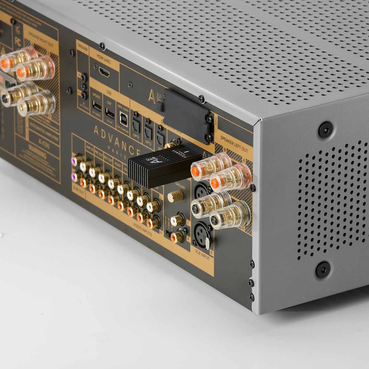Advance Paris NOVA A-i130 Integrated Amplifier - Silver - rear view angled left detail of separately sold dongle installed