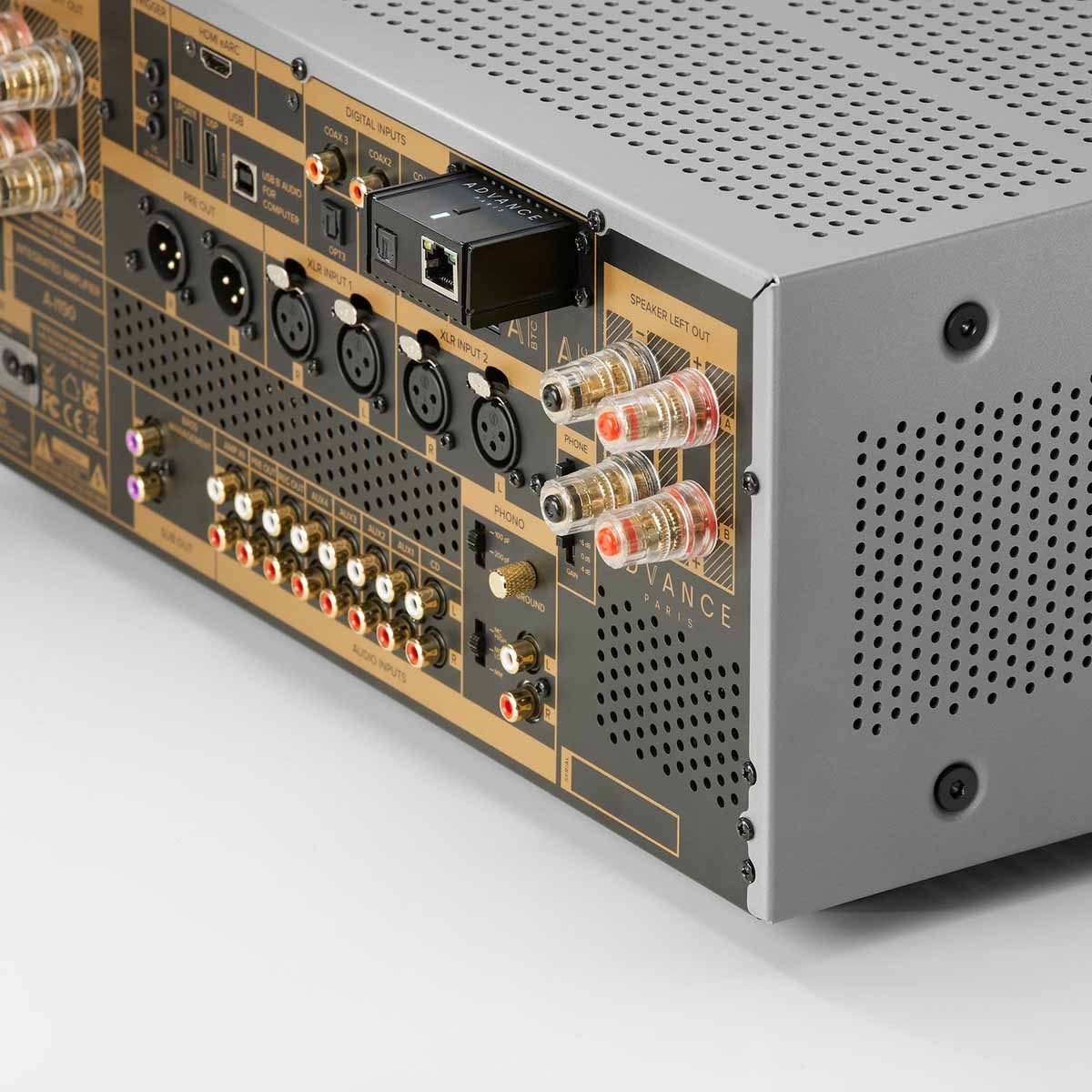 Advance Paris NOVA A-i190 Integrated Amplifier - Silver - rear view angled left detail of separately sold dongle installed