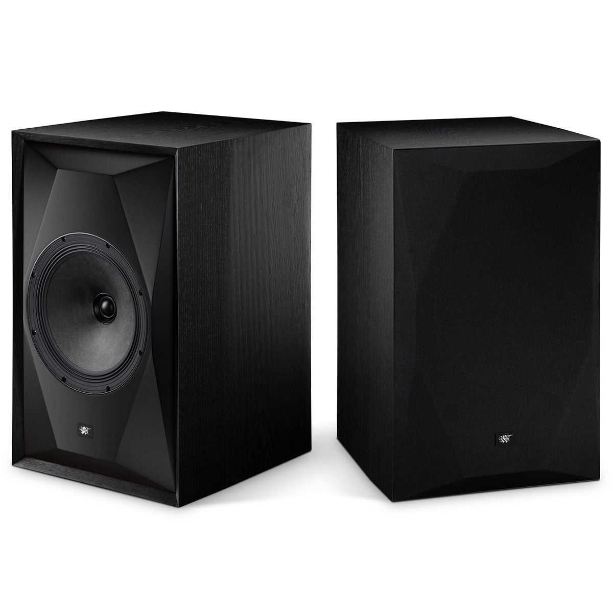 MoFi Electronics SourcePoint 10 Master Edition Bookshelf Speakers - Pair - Black - left speaker angled left without grille, right speaker angled right with grille