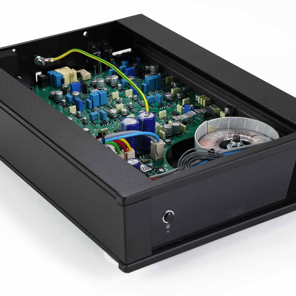 Rega AOS Moving Coil Preamplifier - top and front view angled right with top cover removed to show internal components