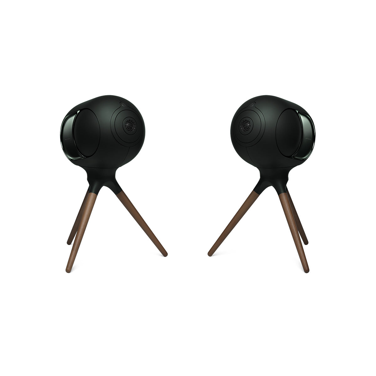 Devialet Phantom Ultimate 108 dB High-End Connected Speaker - Deep Forest - pair of speakers on Devialet Deep Forest Treepod stands facing inwards