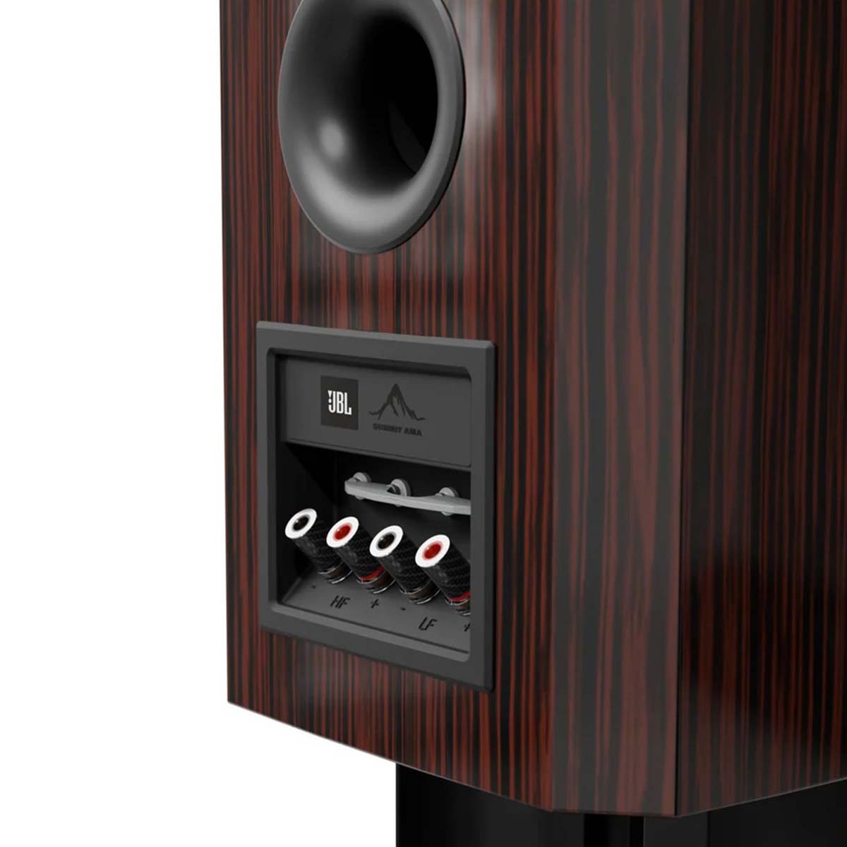 JBL Summit Ama Stand-Mount Loudspeakers - Ebony - single speaker on stand detail of port and connections