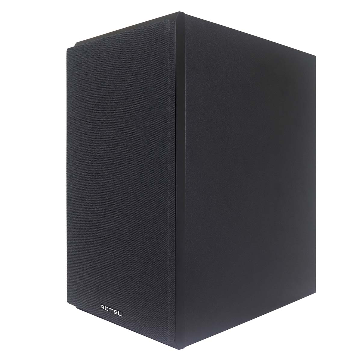 Rotel Amora 5 Passive Bookshelf Loudspeakers - Black - front and side view angled left with grille