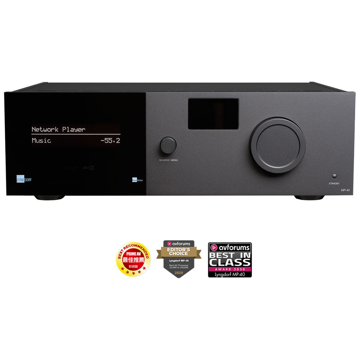 Lyngdorf MP-40 2.1 Immersive Surround Processor front view with award logos below
