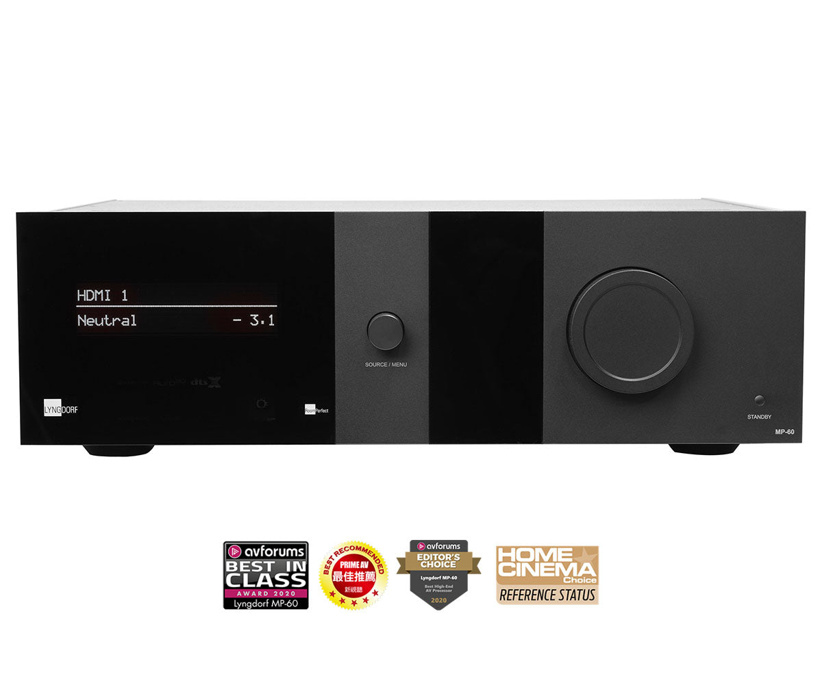 Lyngdorf MP-60 2.1 Flagship Surround Processor front view with award logos below