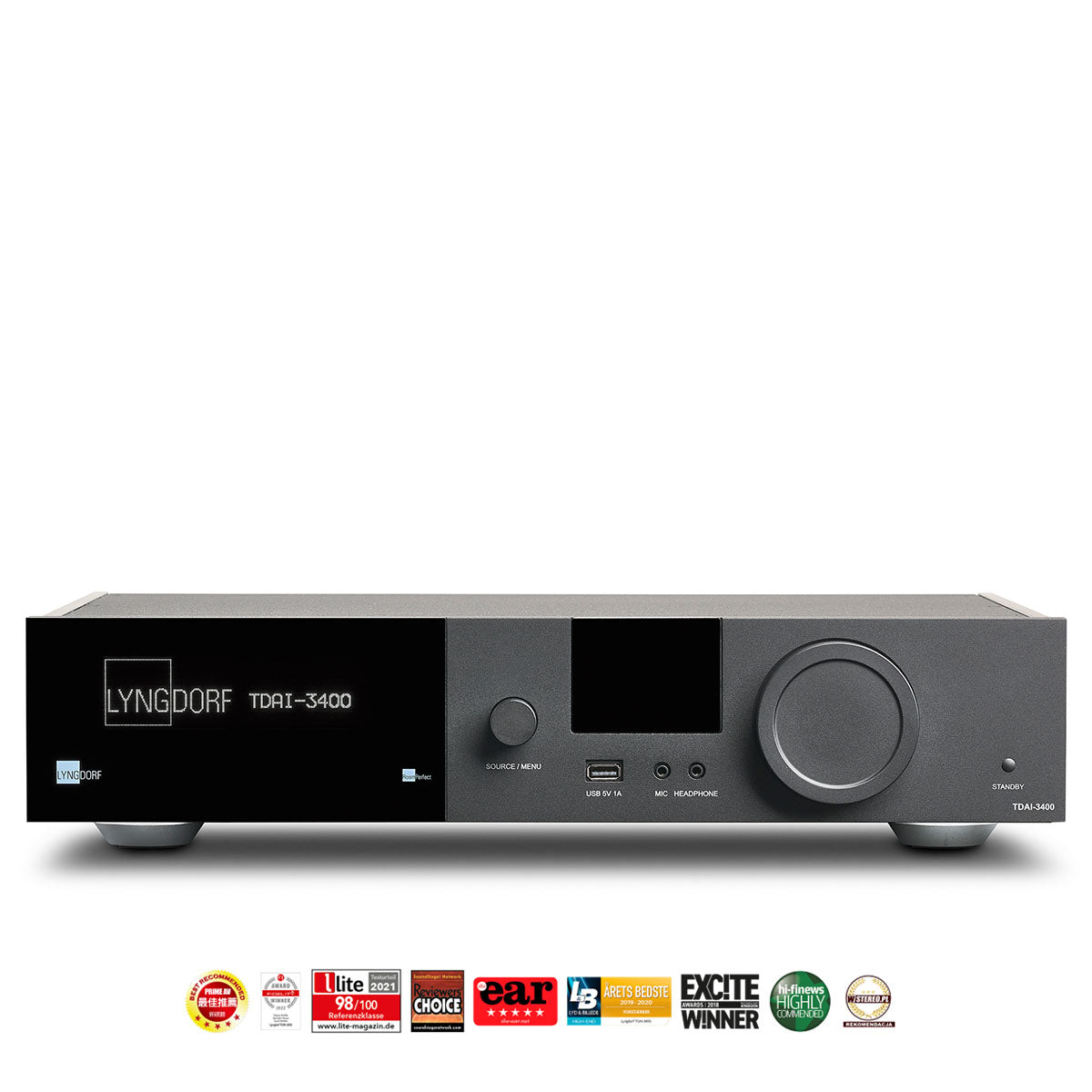 Lyngdorf TDAI-3400 Flagship Digital Integrated Amplifier with RoomPerfect front view with award logos below