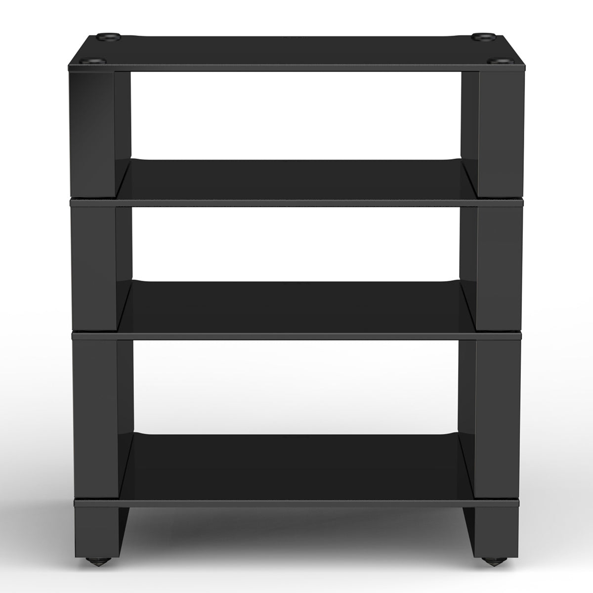 Front view of BLOK HiFi Stax 2G 4-Shelf Collection in the black glass / high gloss black finish