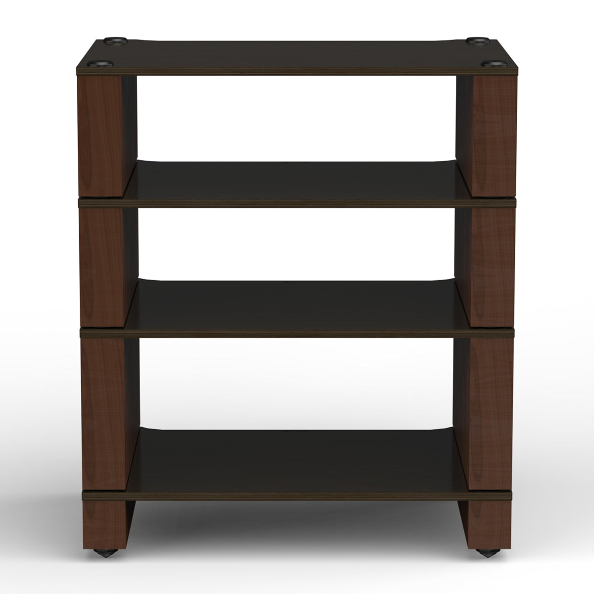 Front view of BLOK HiFi Stax 2G 4-Shelf Collection in the black ash / natural walnut finish