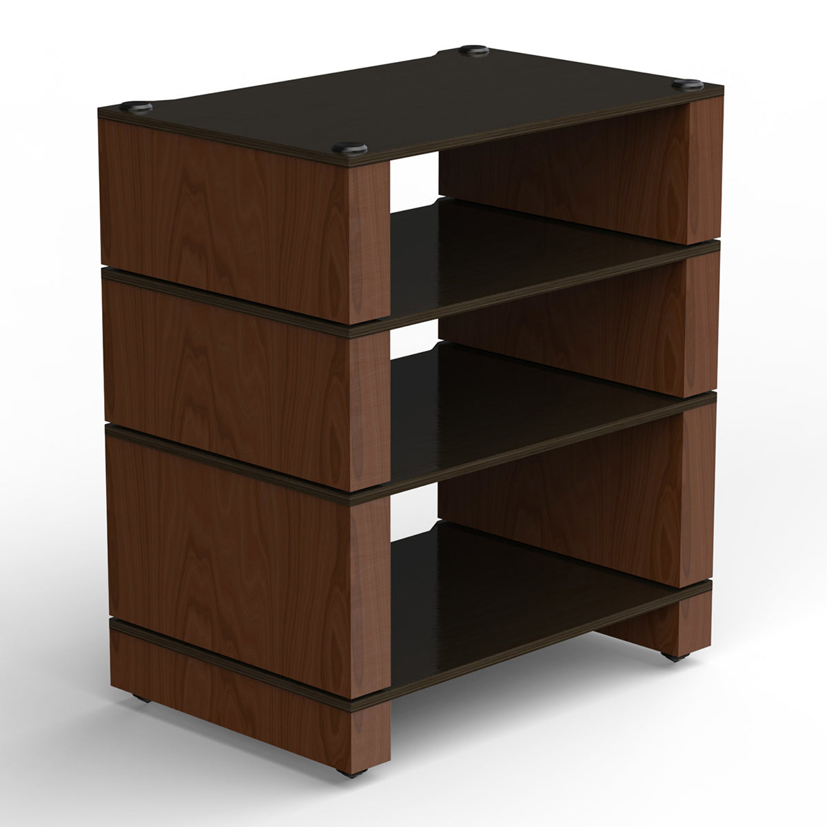 Angled front view of BLOK HiFi Stax 2G 4-Shelf Collection in the black ash / natural walnut finish