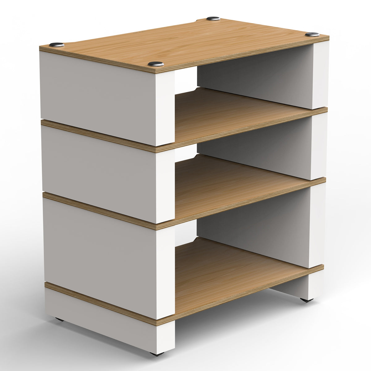 Angled front view of BLOK HiFi Stax 2G 4-Shelf Collection in the natural ash / satin white finish