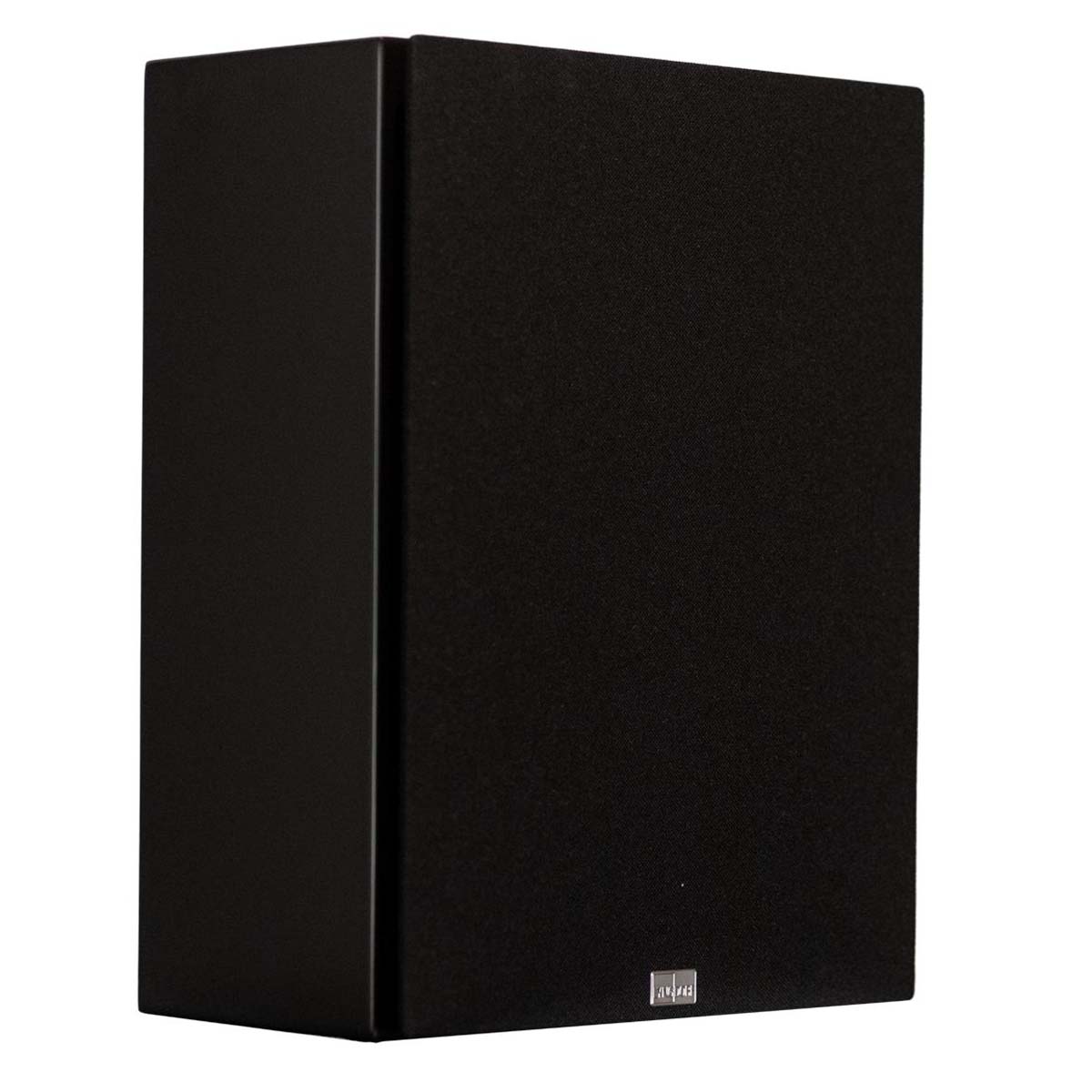 Lyngdorf BW-2 High Bandwidth Subwoofer black speaker front view angled right with black grille