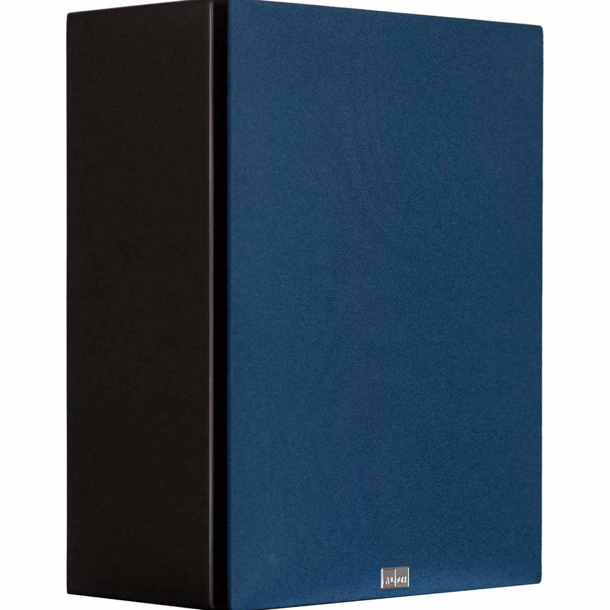 Lyngdorf BW-2 High Bandwidth Subwoofer black speaker front view angled right with blue grille