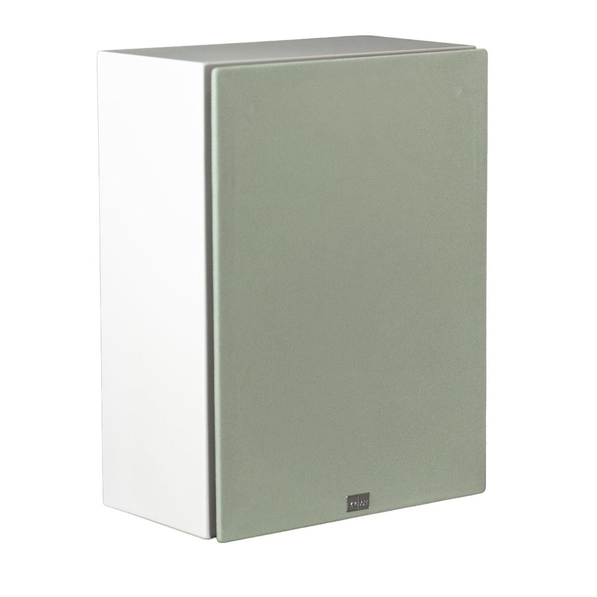 Lyngdorf BW-2 High Bandwidth Subwoofer white speaker front view angled right with green grille