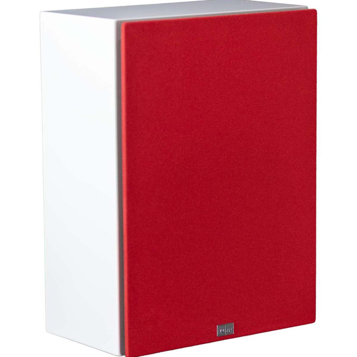 Lyngdorf BW-2 High Bandwidth Subwoofer white speaker front view angled right with red grille