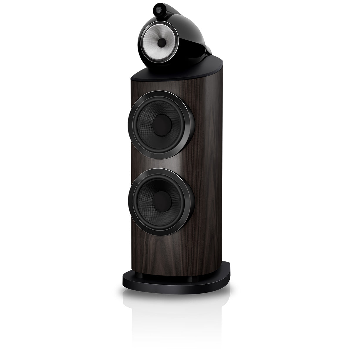 Bowers & Wilkins 801 D5 Floorstanding Loudspeaker - front view of single Dark Walnut speaker without grilles angled left