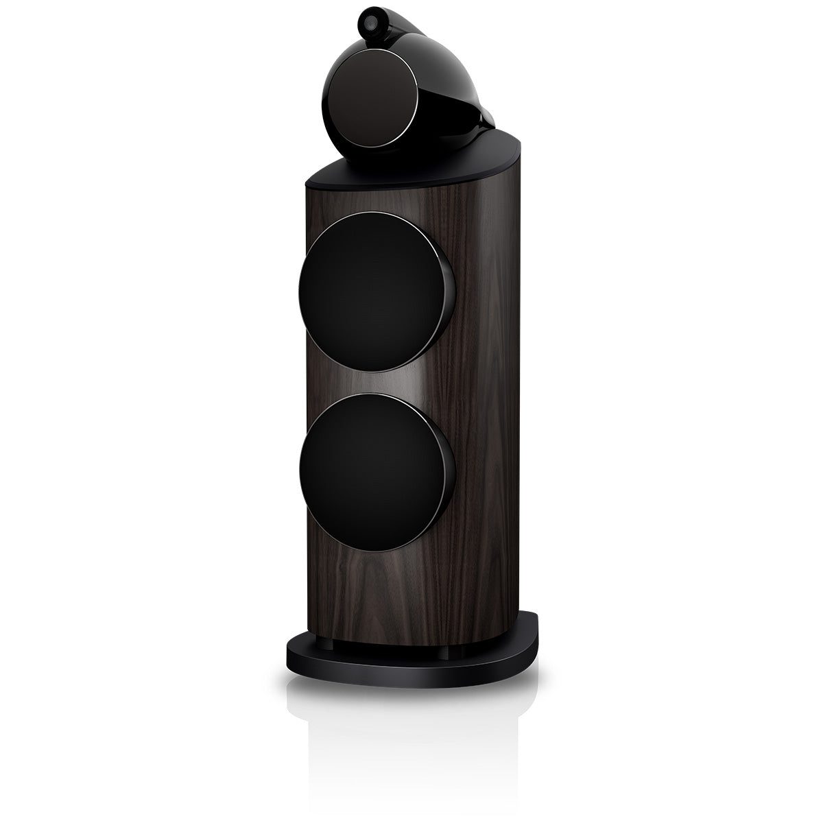 Bowers & Wilkins 801 D5 Floorstanding Loudspeaker - front view of single Dark Walnut speaker with grilles angled left
