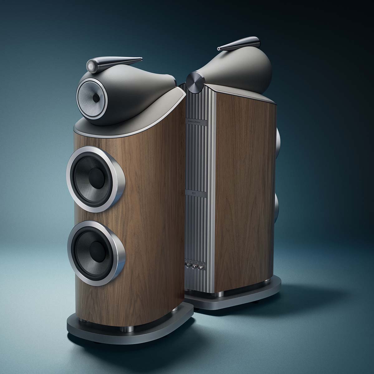 Bowers & Wilkins 801 D5 Floorstanding Loudspeaker - pair of Light Walnut speakers facing opposite directions without grilles