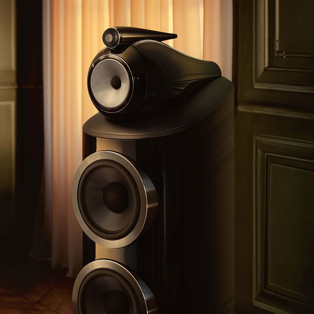 Bowers & Wilkins 801 D5 Floorstanding Loudspeaker - front view of single Stealth Black speaker without grilles angled left