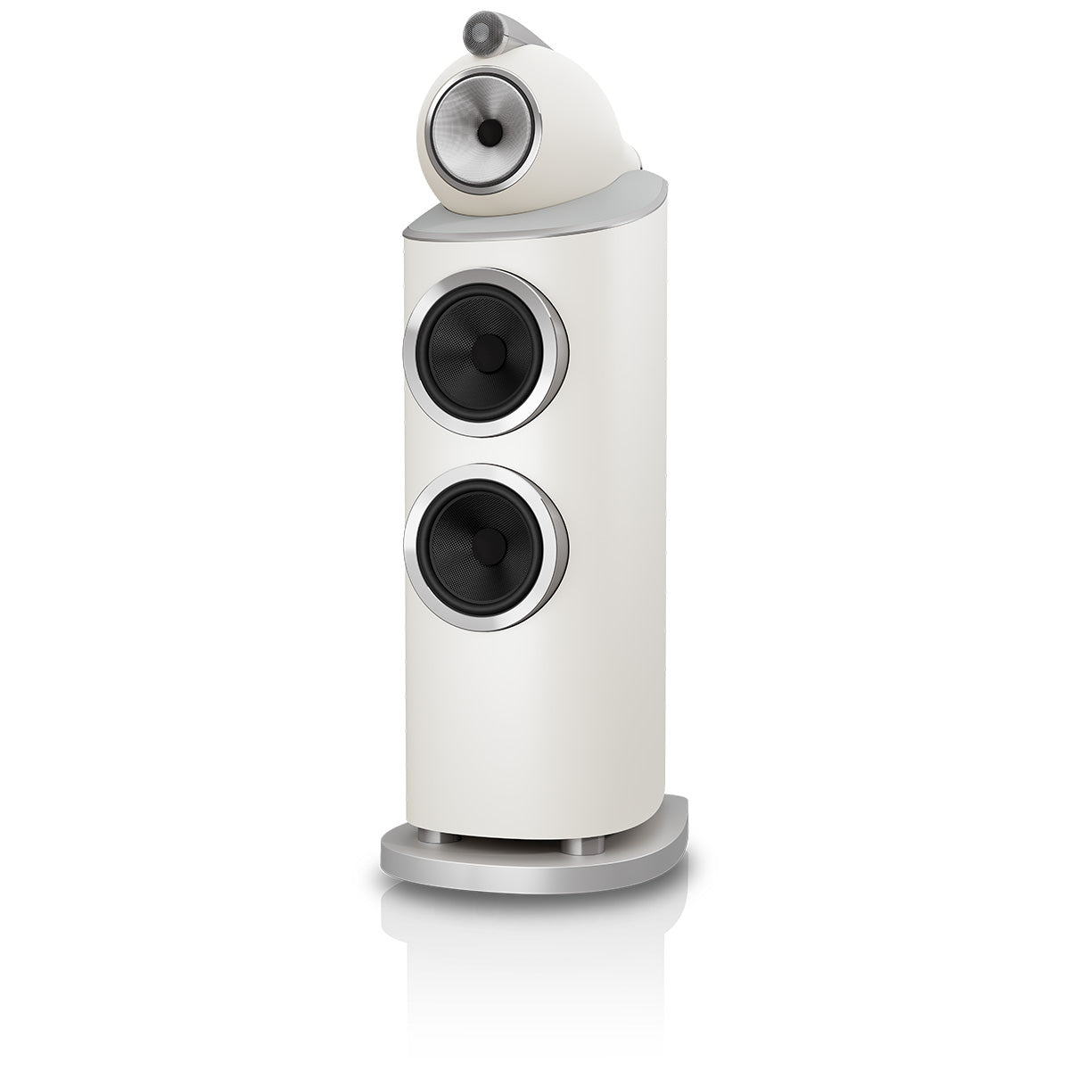 Bowers & Wilkins 802 D5 Floorstanding Loudspeaker - front view of single Warm White speaker without grilles angled left