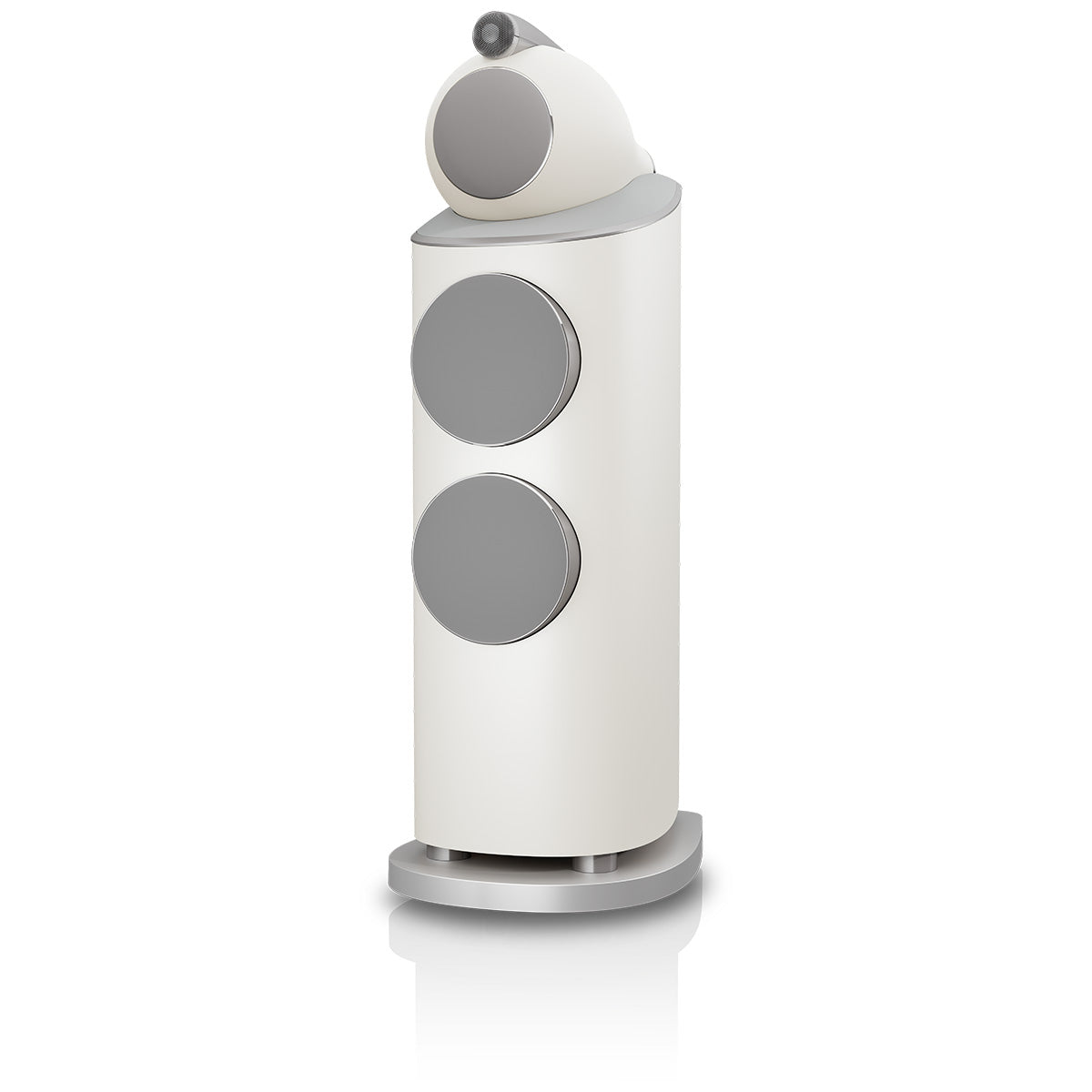 Bowers & Wilkins 802 D5 Floorstanding Loudspeaker - front view of single Warm White speaker with grilles angled left