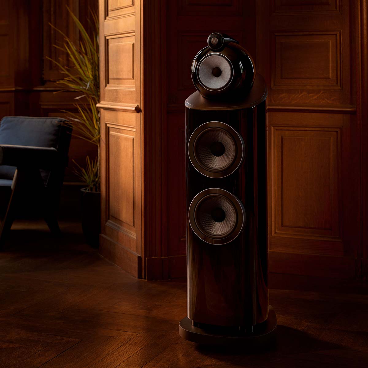 Bowers & Wilkins 803 D5 Floorstanding Loudspeaker - lifestyle photo front view of single Dark Walnut speaker without grilles
