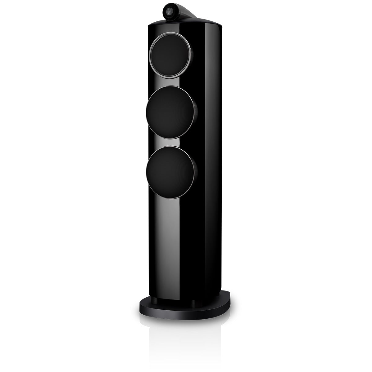 Bowers & Wilkins 804 D5 Floorstanding Loudspeaker - front view of single Stealth Black speaker with grilles angled left