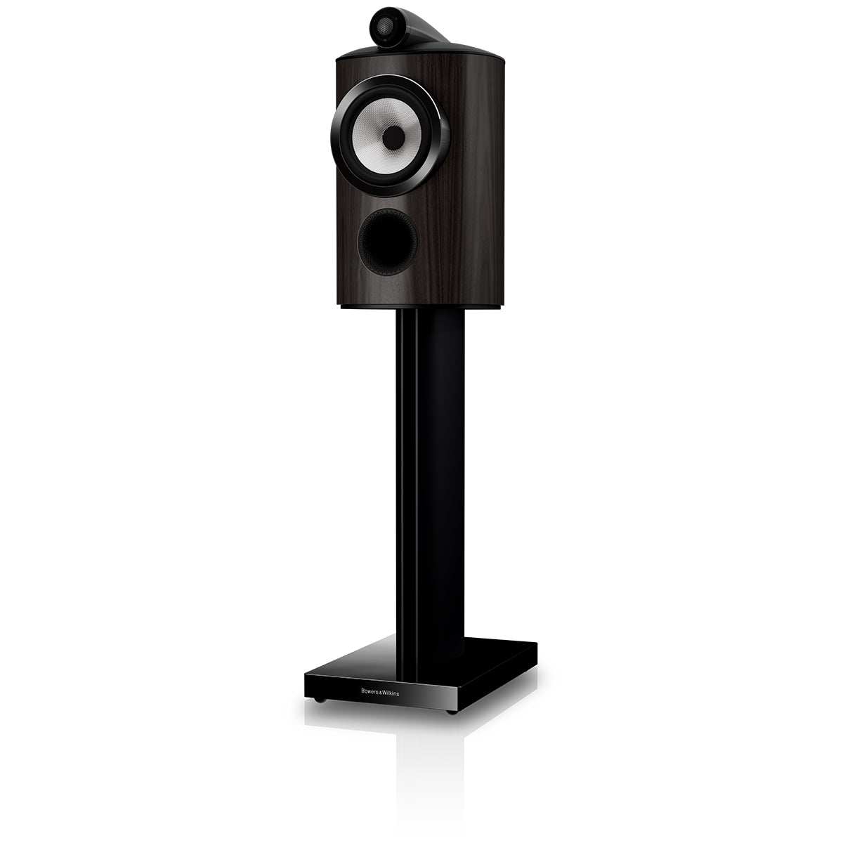 Bowers & Wilkins 805 D5 Bookshelf Loudspeaker - front view of single Dark Walnut speaker on stand without grille angled left