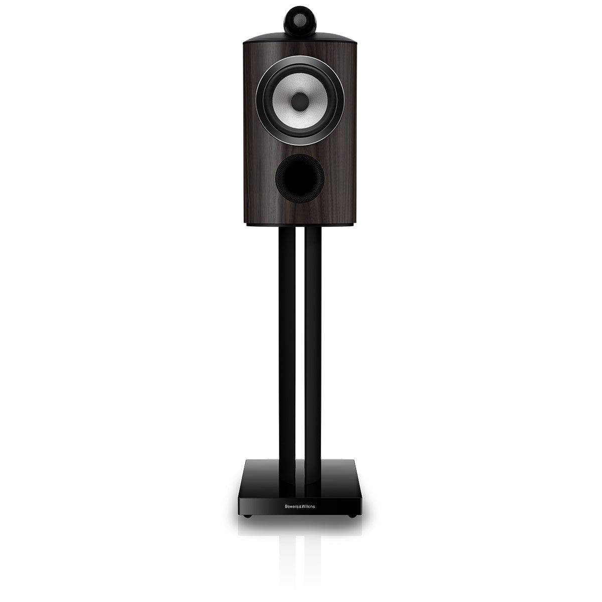 Bowers & Wilkins 805 D5 Bookshelf Loudspeaker - front view of single Dark Walnut speaker on stand without grille