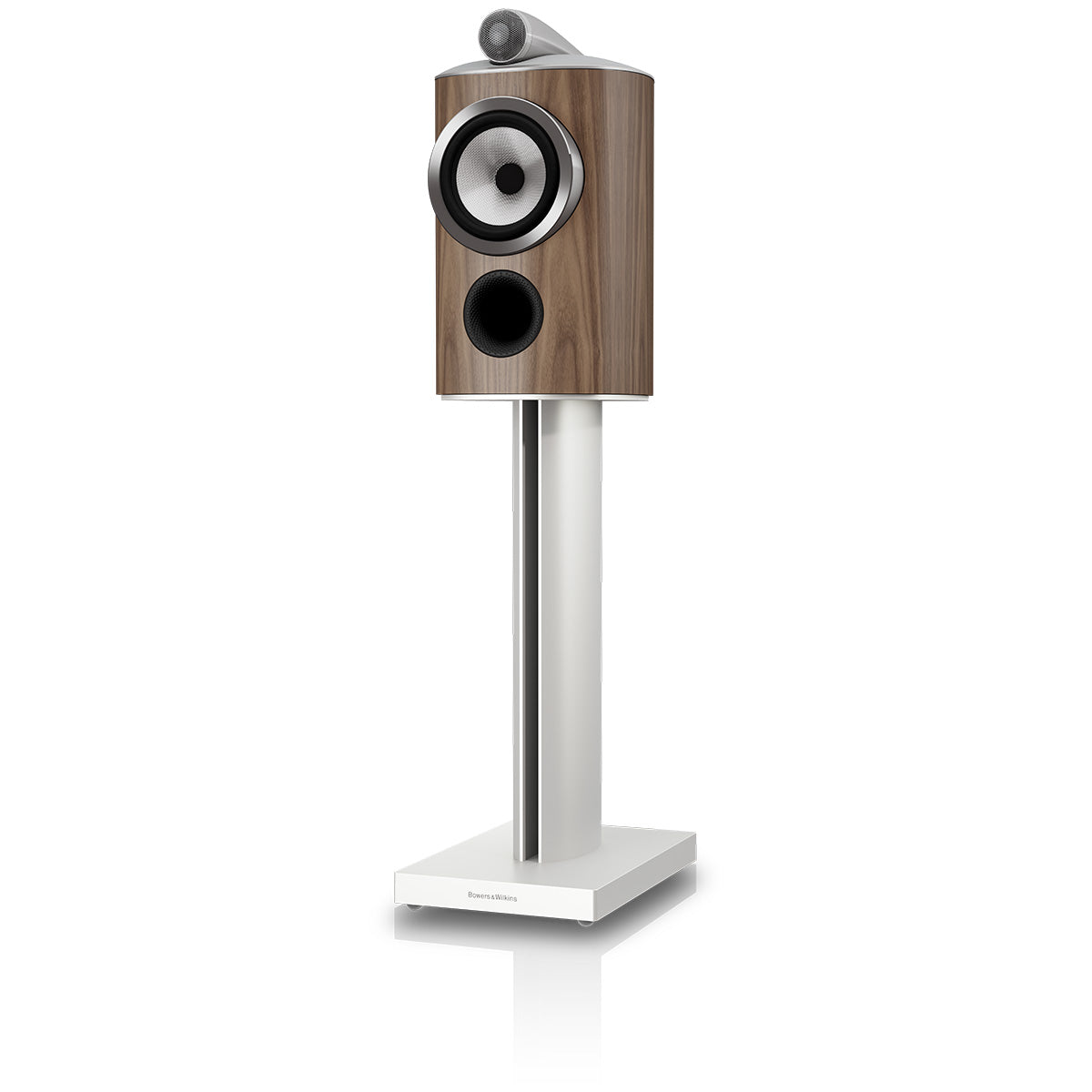 Bowers & Wilkins 805 D5 Bookshelf Loudspeaker - front view of single Light Walnut speaker on stand without grille angled left