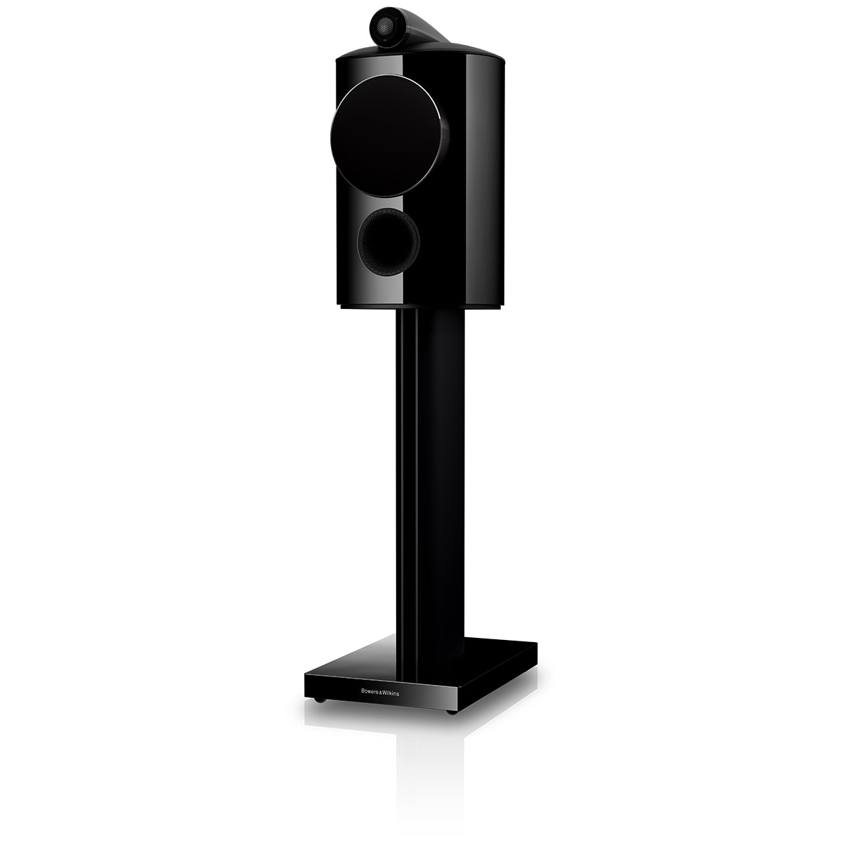 Bowers & Wilkins 805 D5 Bookshelf Loudspeaker - front view of single Stealth Black speaker on stand with grille angled left