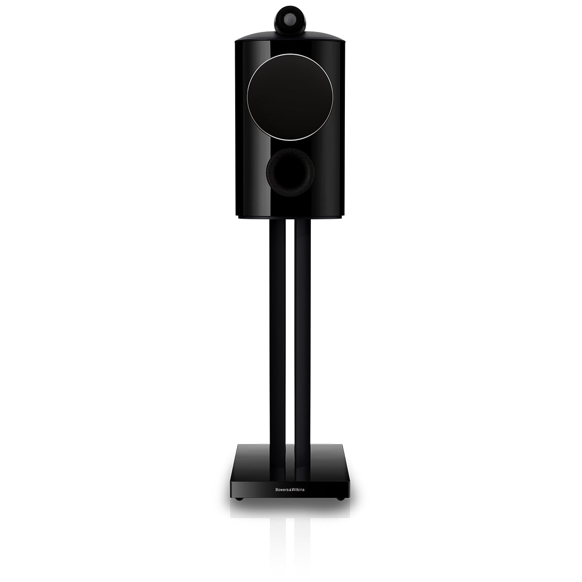 Bowers & Wilkins 805 D5 Bookshelf Loudspeaker - front view of single Stealth Black speaker on stand with grille