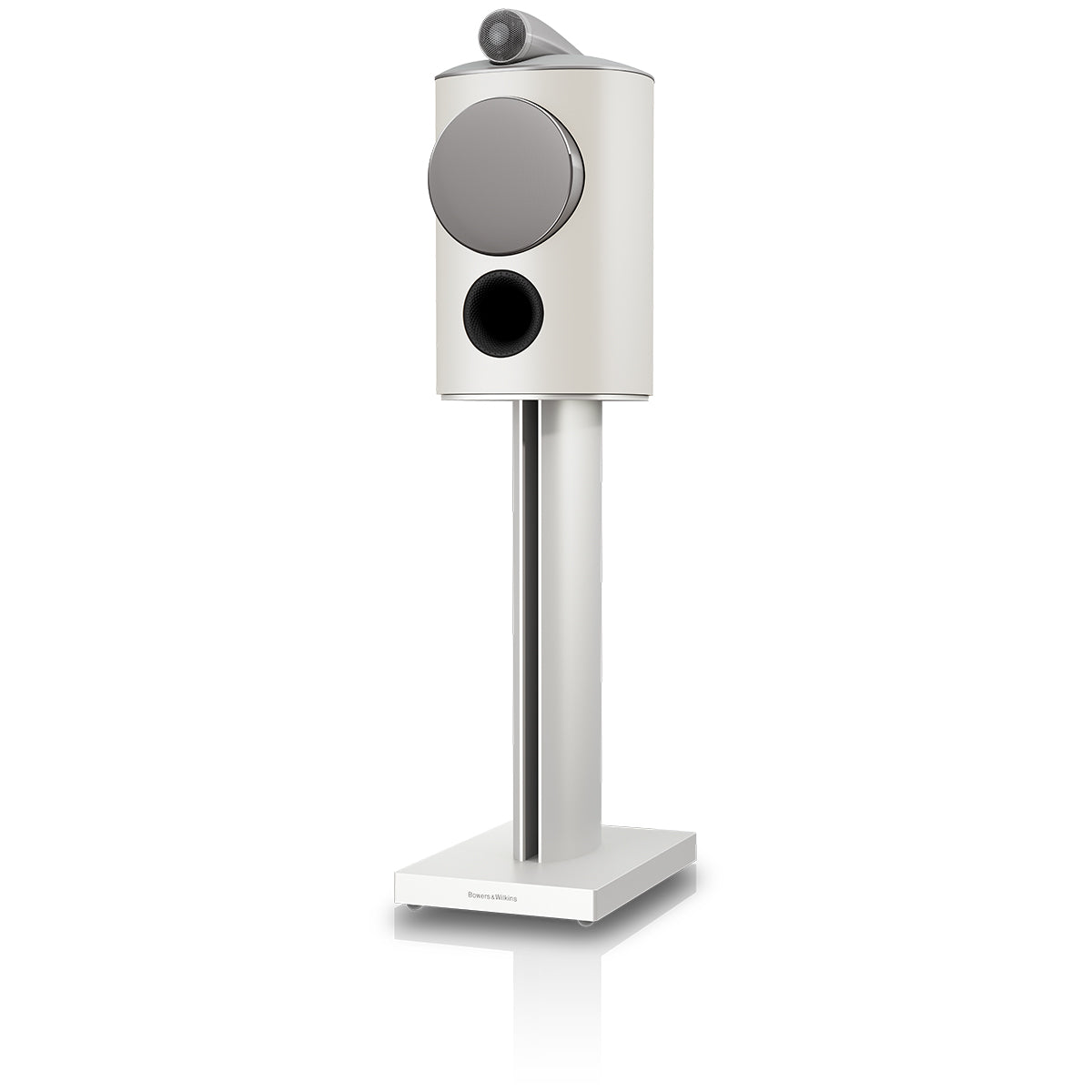 Bowers & Wilkins 805 D5 Bookshelf Loudspeaker - front view of single Warm White speaker on stand with grille angled left