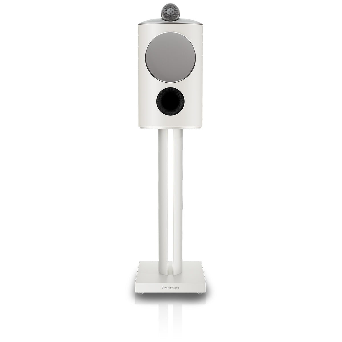 Bowers & Wilkins 805 D5 Bookshelf Loudspeaker - front view of single Warm White speaker on stand with grille