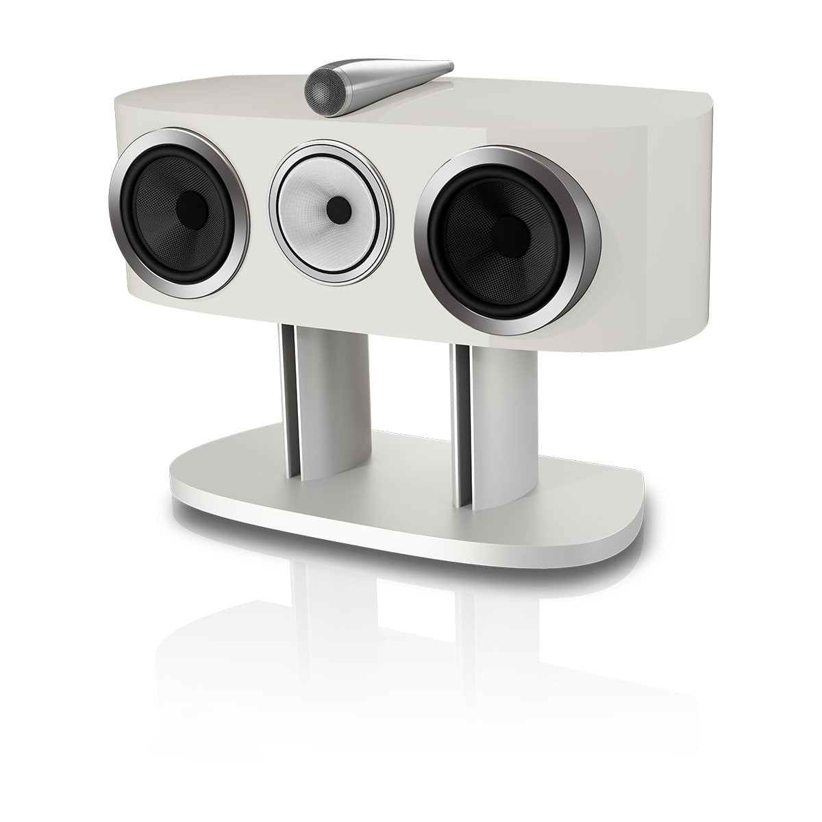 Bowers & Wilkins HTM81 D5 Center Channel Loudspeaker - front view of Warm White speaker angled left without grilles