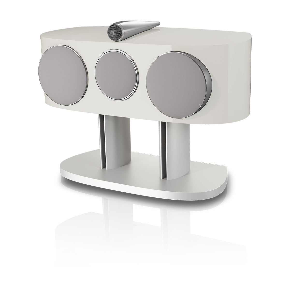 Bowers & Wilkins HTM81 D5 Center Channel Loudspeaker - front view of Warm White speaker angled left with grilles