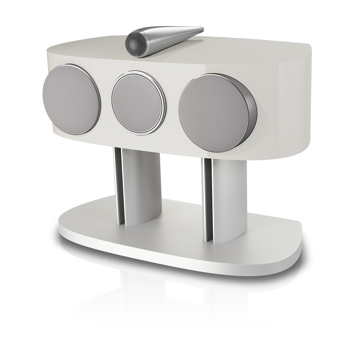 Bowers & Wilkins HTM82 D5 Center Channel Loudspeaker - front view of Warm White speaker angled left with grilles