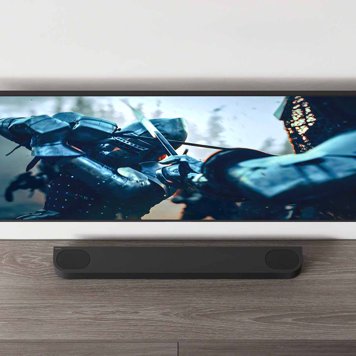 Lifestyle shot of Sony HT-B600 BRAVIA Theater Bar 6 3.1.2ch Soundbar with Wireless Subwoofer - top view of bar on cabinet