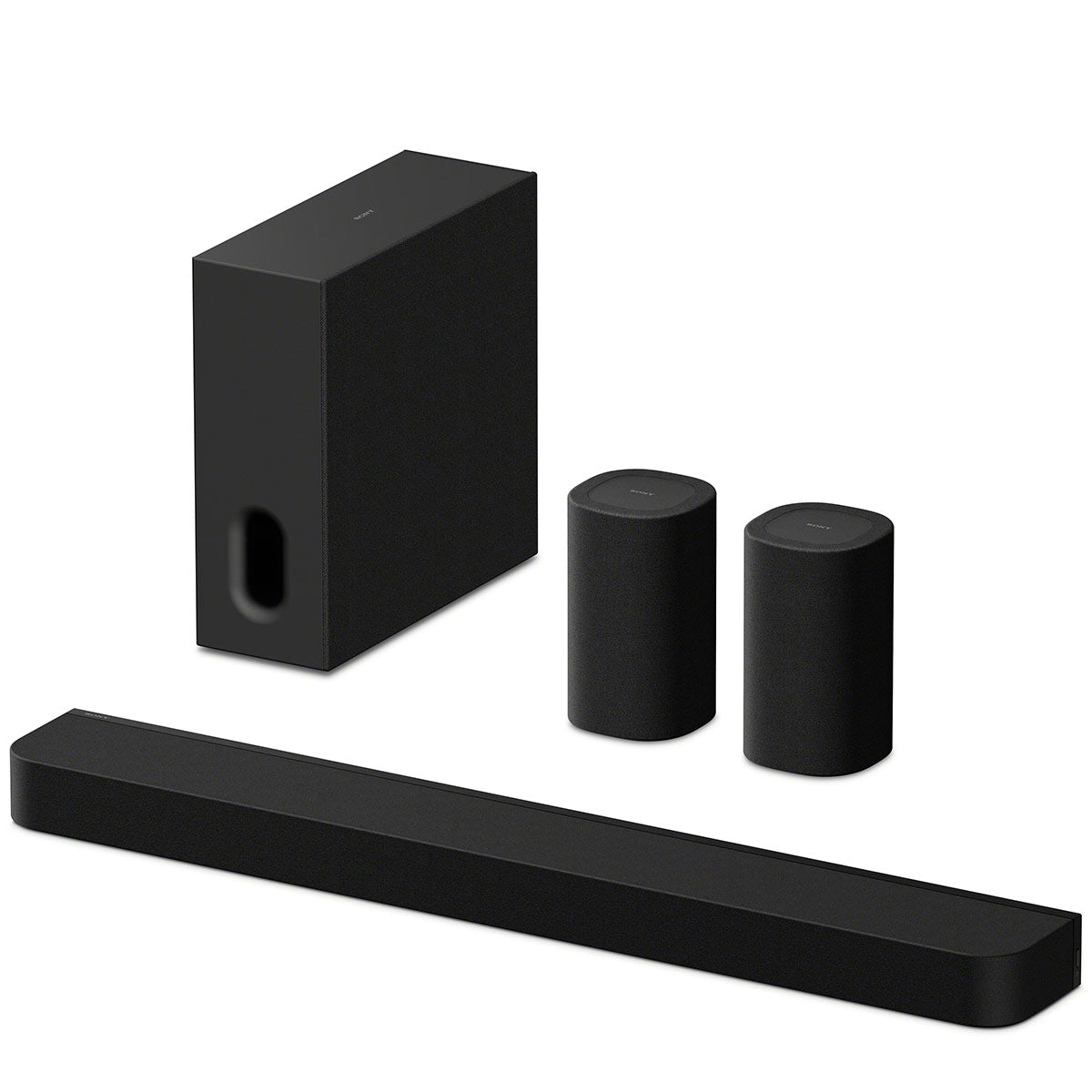Sony BRAVIA Theater Bar 7 Soundbar front top and side view angled left to front with subwoofer and pair of rear speakers behind