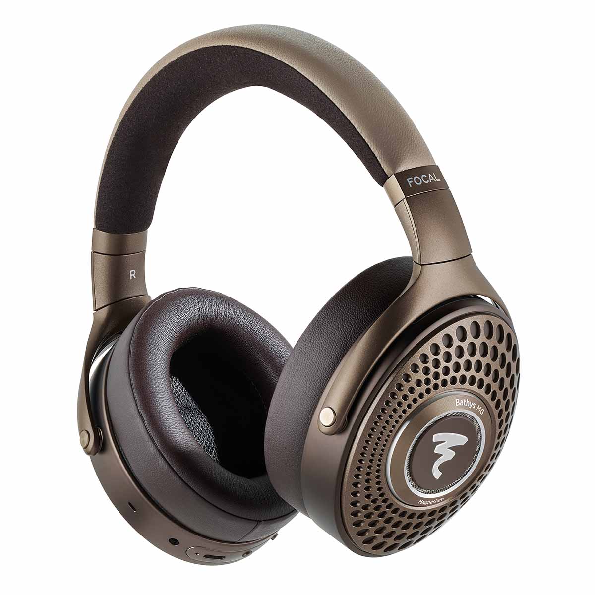 Focal Bathys MG Wireless Over-Ear Active Noise Cancelling Headphones - front and side view angled left with earphone light unlit