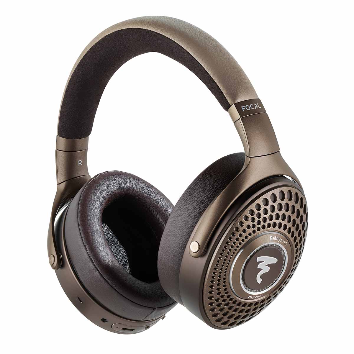 Focal Bathys MG Wireless Over-Ear Active Noise Cancelling Headphones - front and side view angled left with earphone light lit