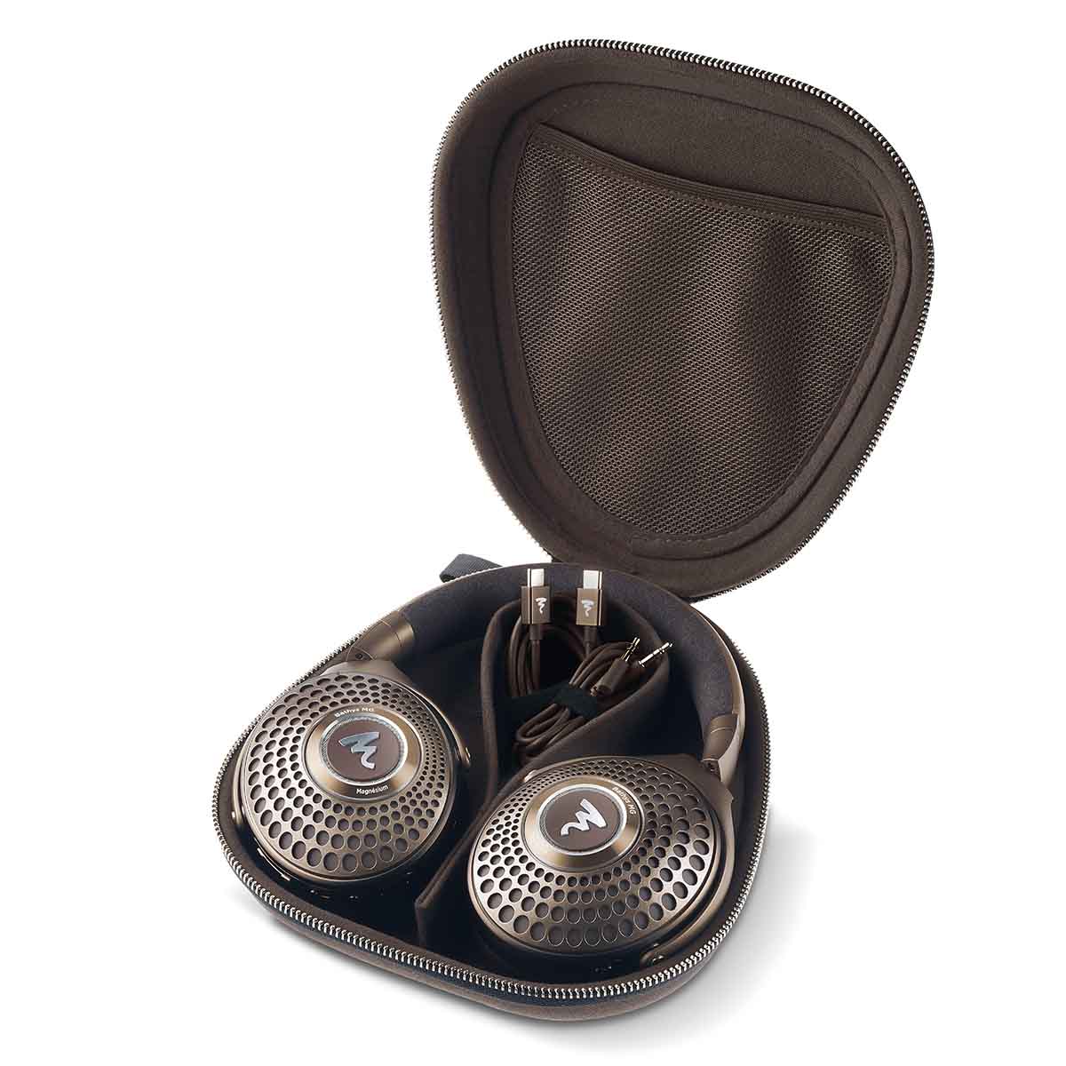 Focal Bathys MG Wireless Over-Ear Active Noise Cancelling Headphones - front and side view of left earphone with headphones and cables in open case